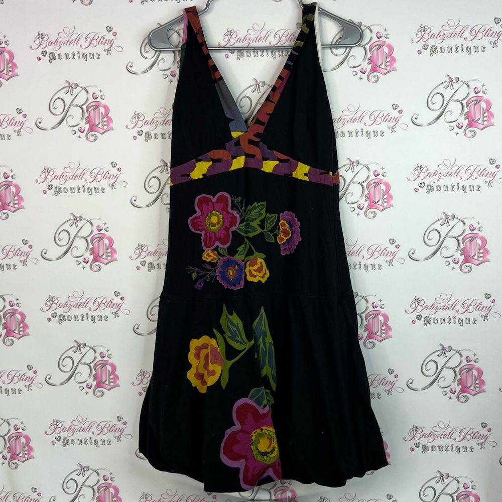 Desigual dress embroidered logo flowers Black Dress Vibrant Floral Patterns